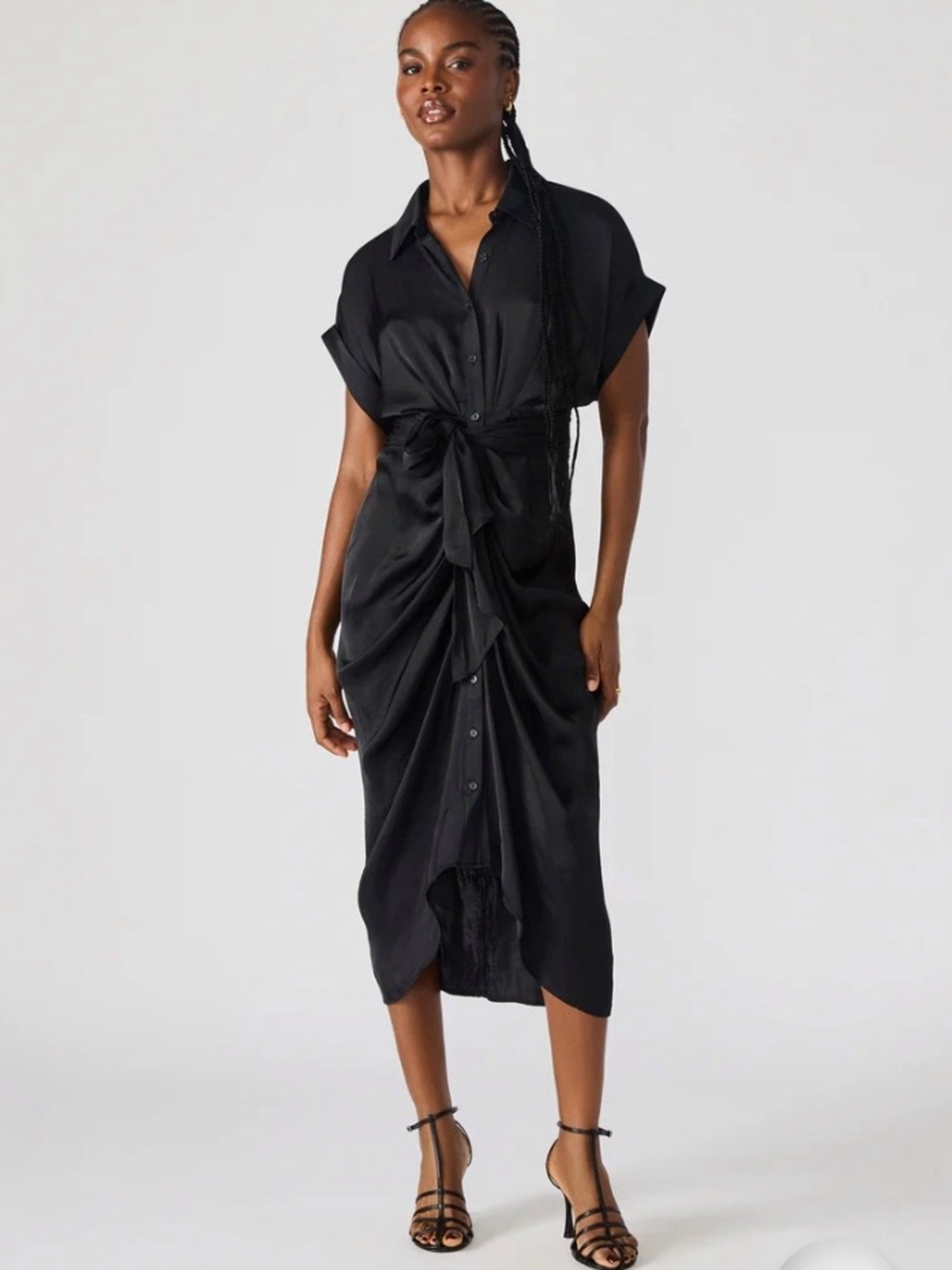 Steve Madden Tori Dress Size 2 Black Satin Button Front Belted Midi Shirtdress